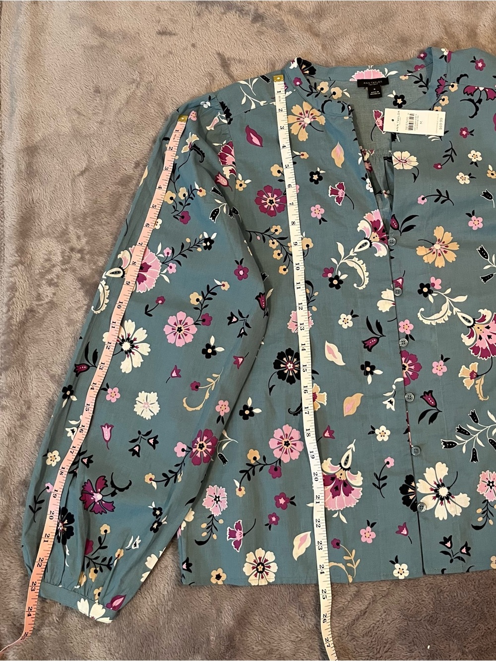 Ann Taylor Teal Floral Long-Sleeve Button Blouse - Picture 5 of 5